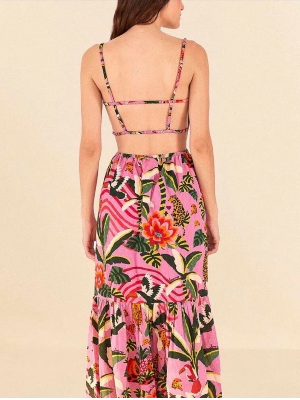 🐅Farm Rio for Anthropologie Pink Forest Print Midi Open Back Summer Dress Large - Picture 3 of 11